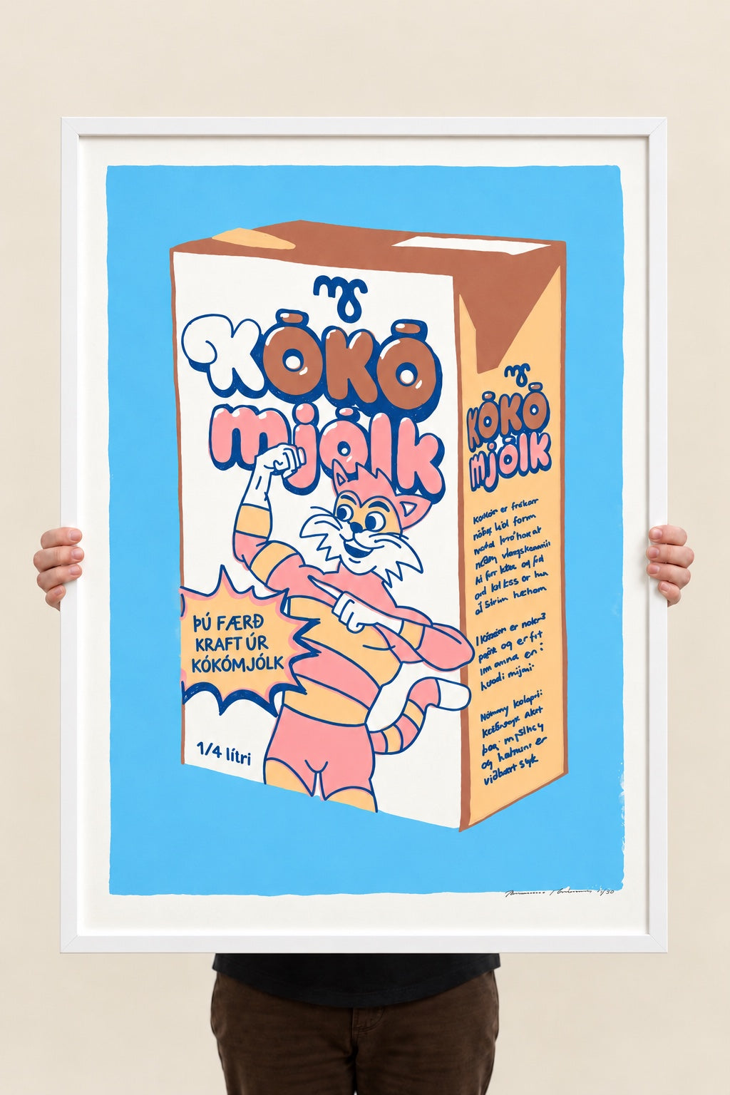 Kókómjólk stór, hand printed screen print, 100 × 70 cm, frame not included