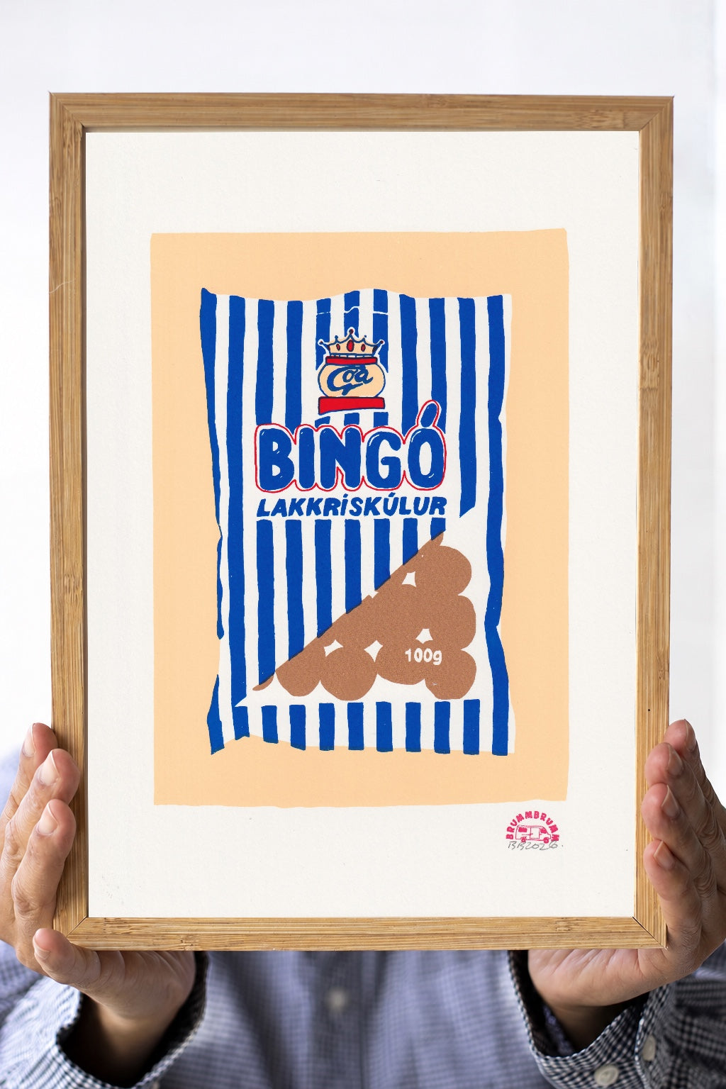 BINGÓ – A4 hand-printed artwork held in a wooden frame; frame not included