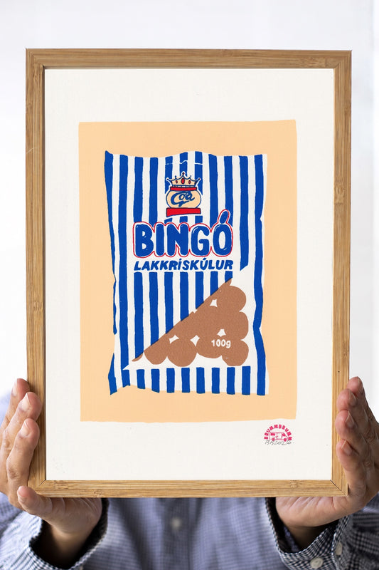 BINGÓ – A4 hand-printed artwork held in a wooden frame; frame not included
