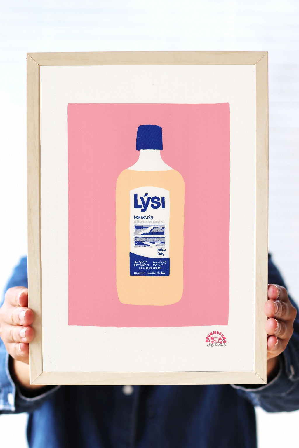 LÝSI – A4 hand-printed artwork held in a wooden frame; frame not included