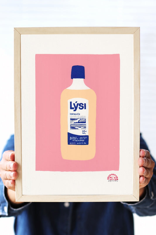 LÝSI – A4 hand-printed artwork held in a wooden frame; frame not included