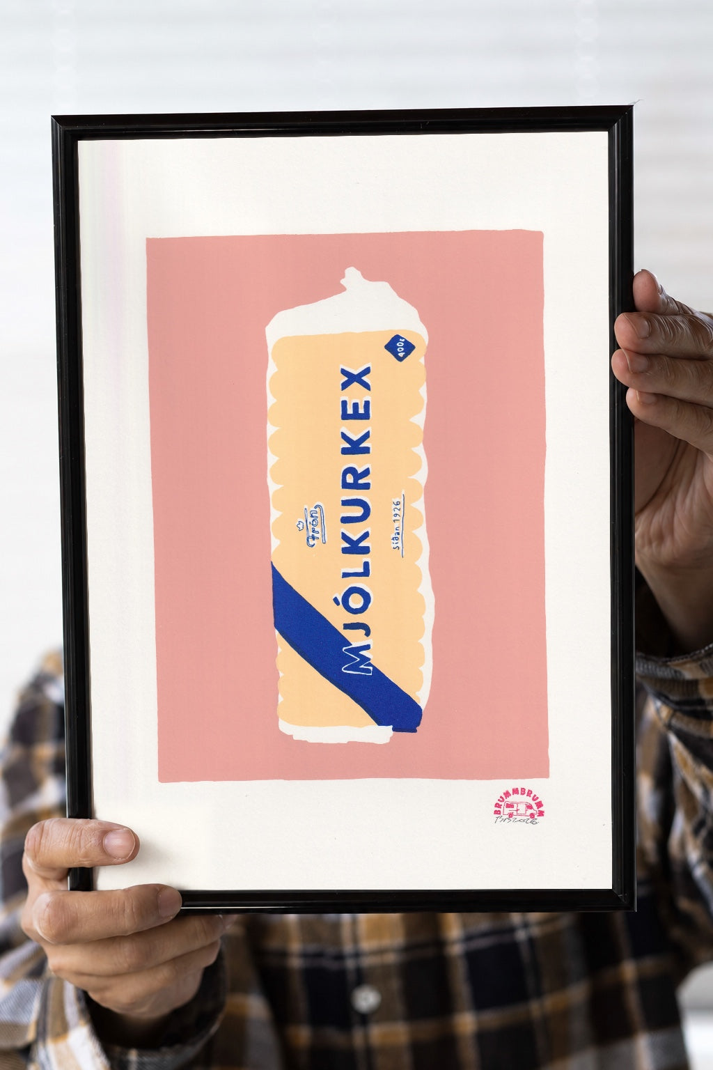 MJÓLKURKEX – A4 hand-printed artwork held in a wooden frame; frame not included