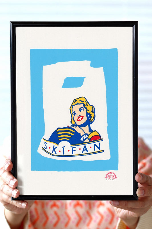 SKÍFAN – A4 hand-printed artwork held in a wooden frame; frame not included